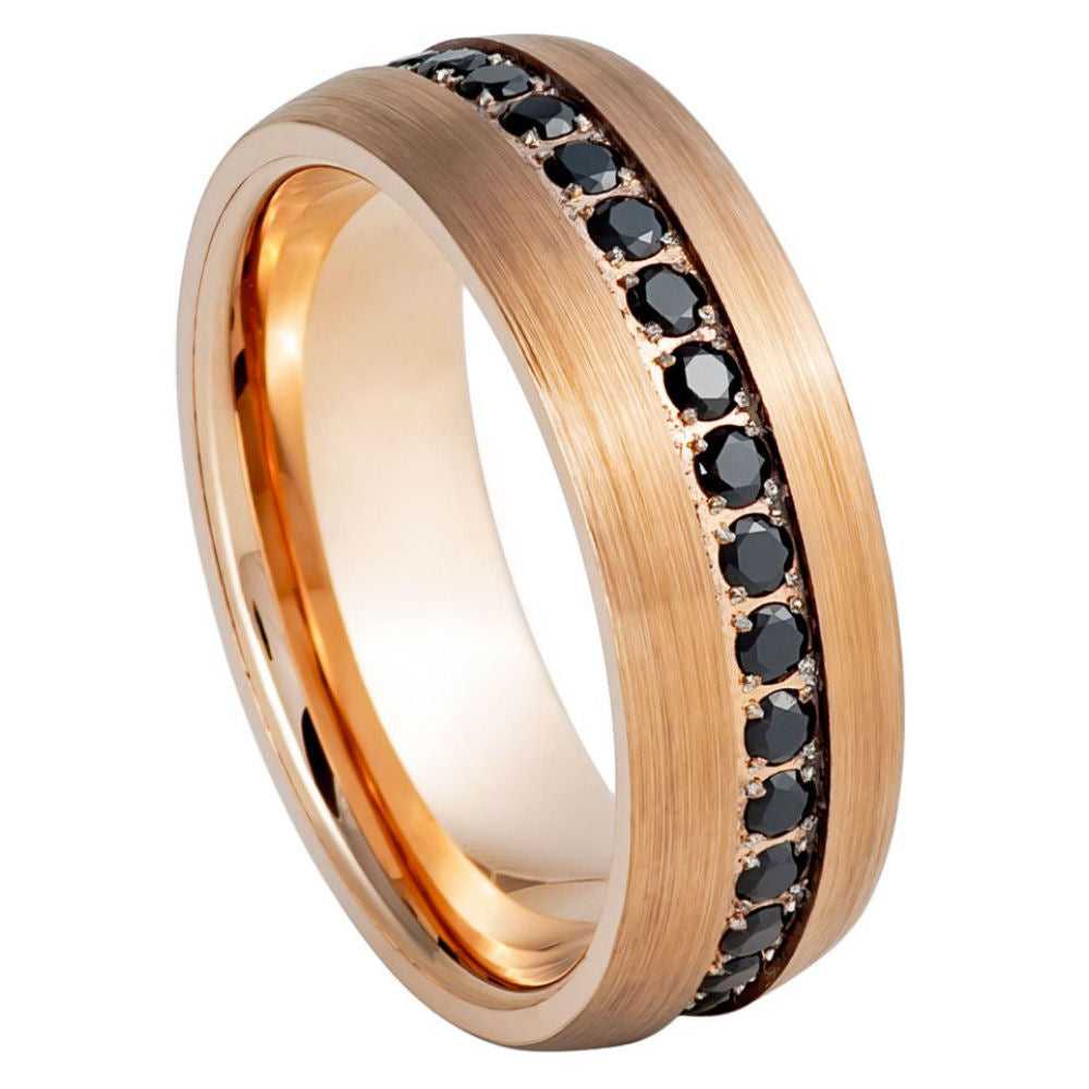 Men's Domed Rose Gold IP Plated Black CZ Eternity 8mm Tungsten Ring