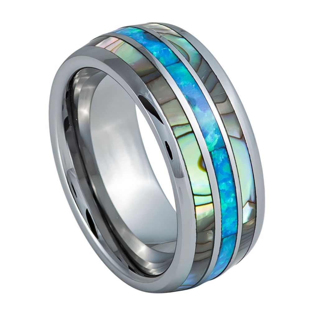 Men's Domed With Opal & Mother Of Pearl Inlay 8mm Tungsten Ring