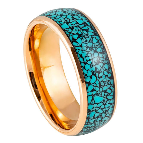 Men's Domed Rose IP Plated Crushed Blue Turquoise Inlay 8mm Tungsten Ring