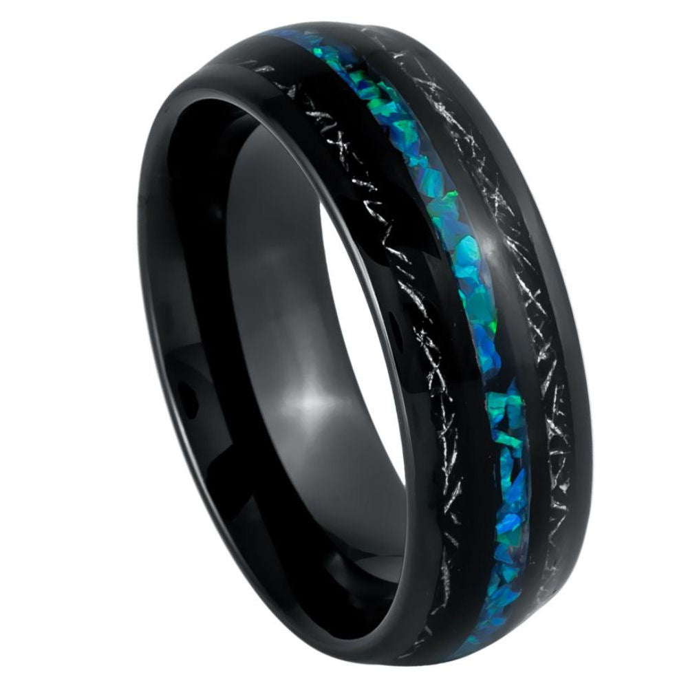 Men's Dome Black IP Plated Tungsten Shavings & Opal Inlay 8mm Ring