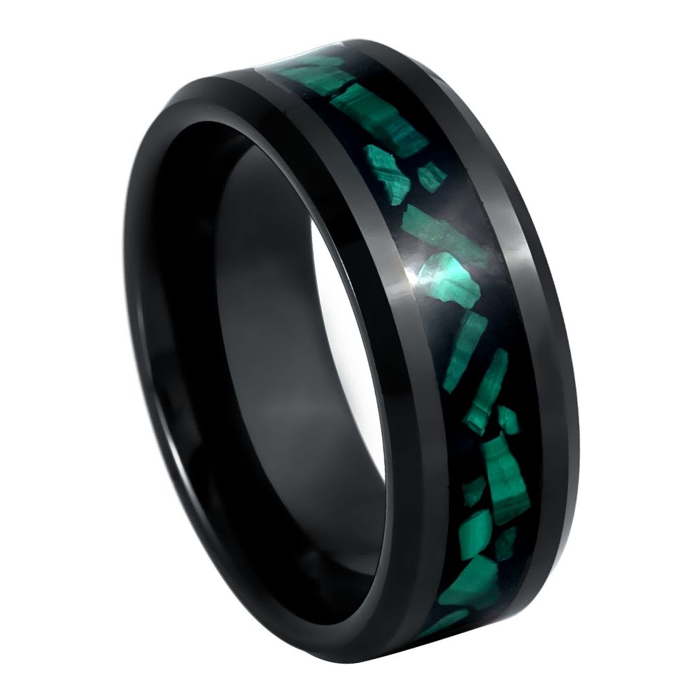 Men's Black IP Plated Malachite Fragments Inlay 8mm Tungsten Ring