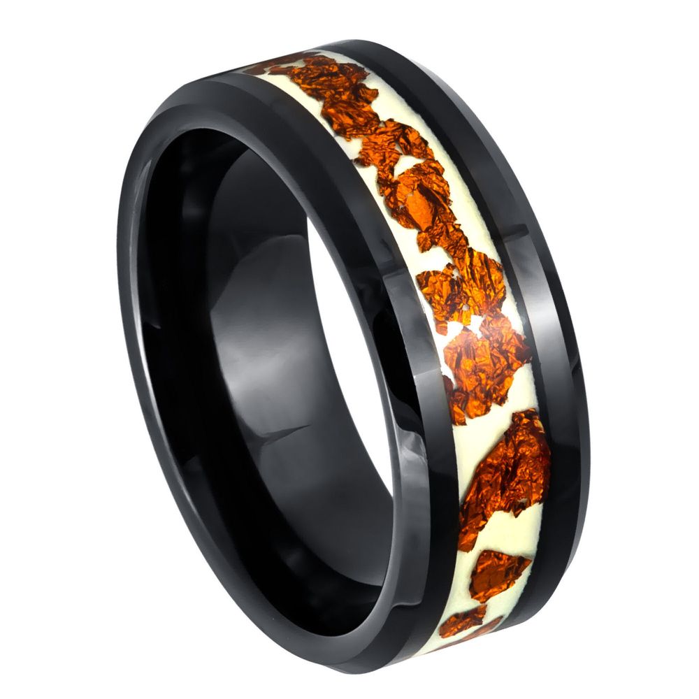 Men's Black IP Plated Copper Scraps Inlay On Luminous Glow In the Dark Film 8mm Tungsten Ring