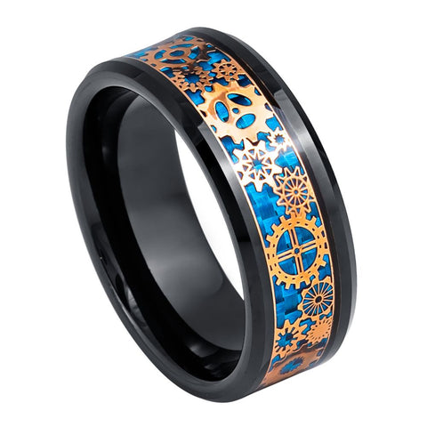 Men's Black & Rose Gold IP Plated Steampunk Gear Over Blue Carbon Fiber Inlay 8mm Tungsten Ring