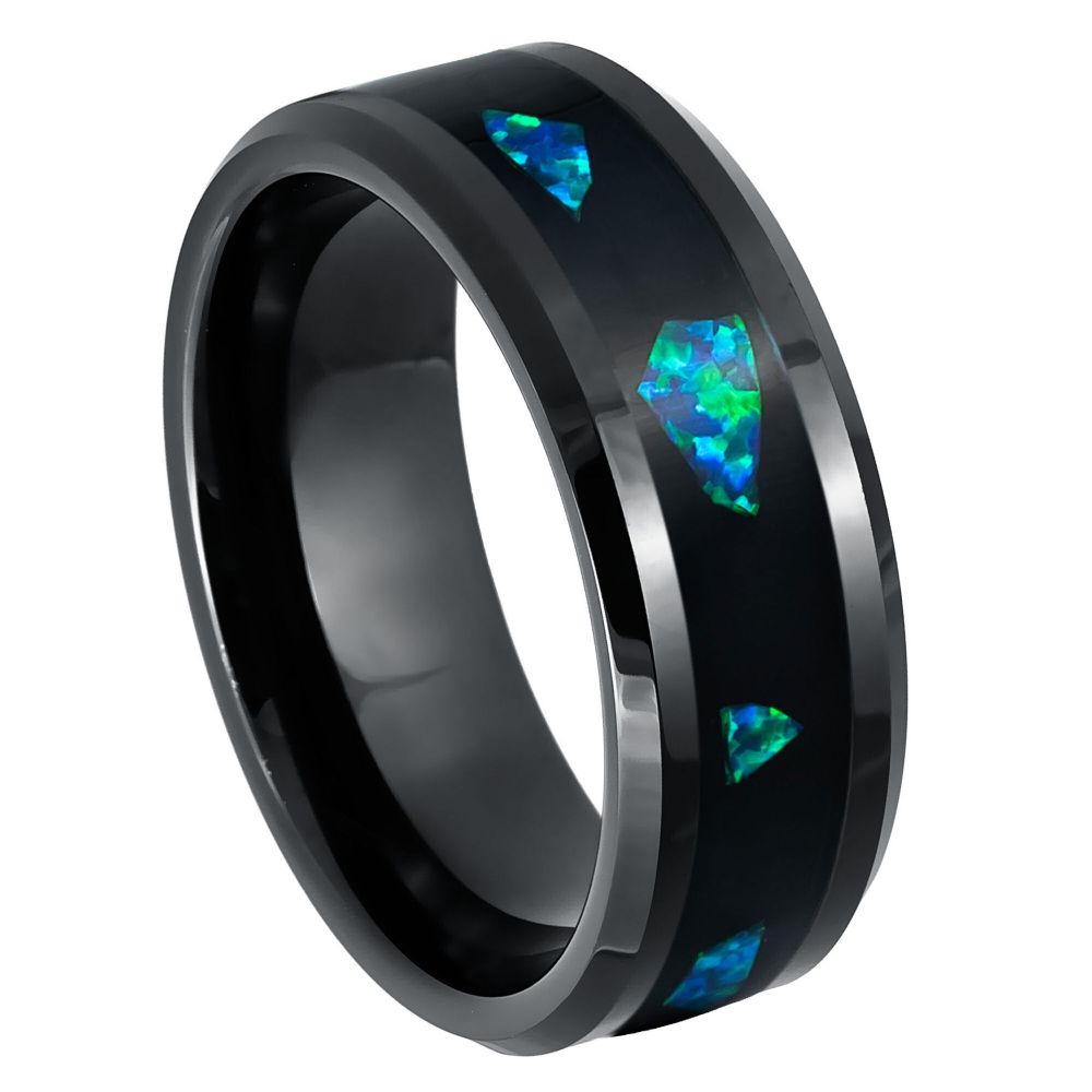 Men's Black IP Plated Abalone Fragments Inlay 8mm Tungsten Ring