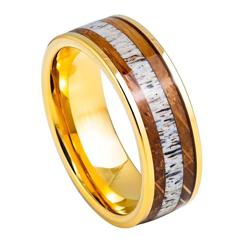 Men's Yellow Gold IP Plated Whiskey Barrel & Deer Antler Inlay 6 & 8mm Tungsten Ring