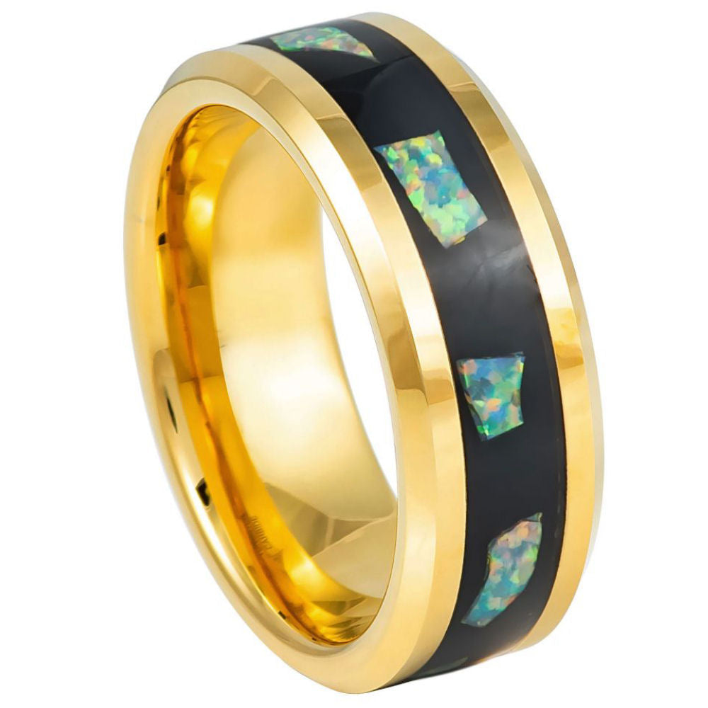 Men's Yellow Gold IP Plated Abalone Fragments Inlay 8mm Tungsten Ring