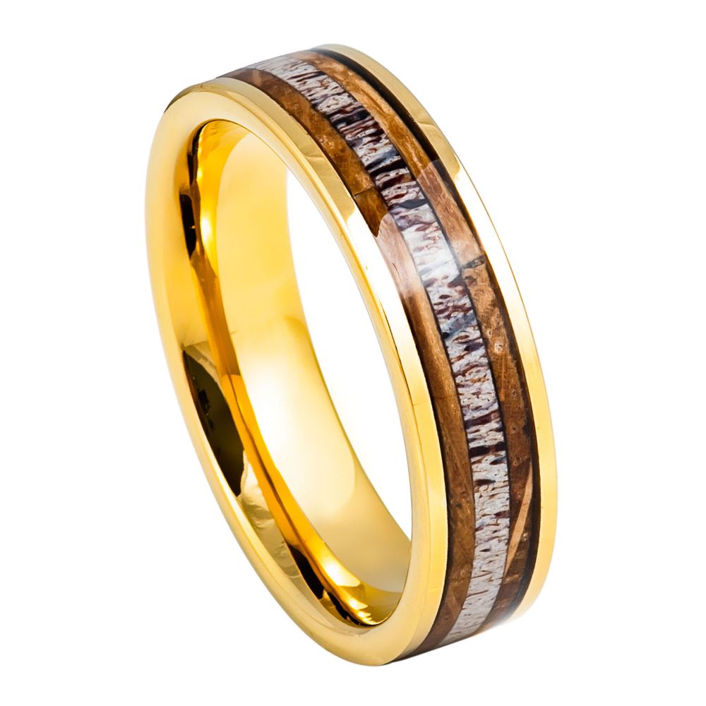 Men's Yellow Gold IP Plated Whiskey Barrel & Deer Antler Inlay 6 & 8mm Tungsten Ring