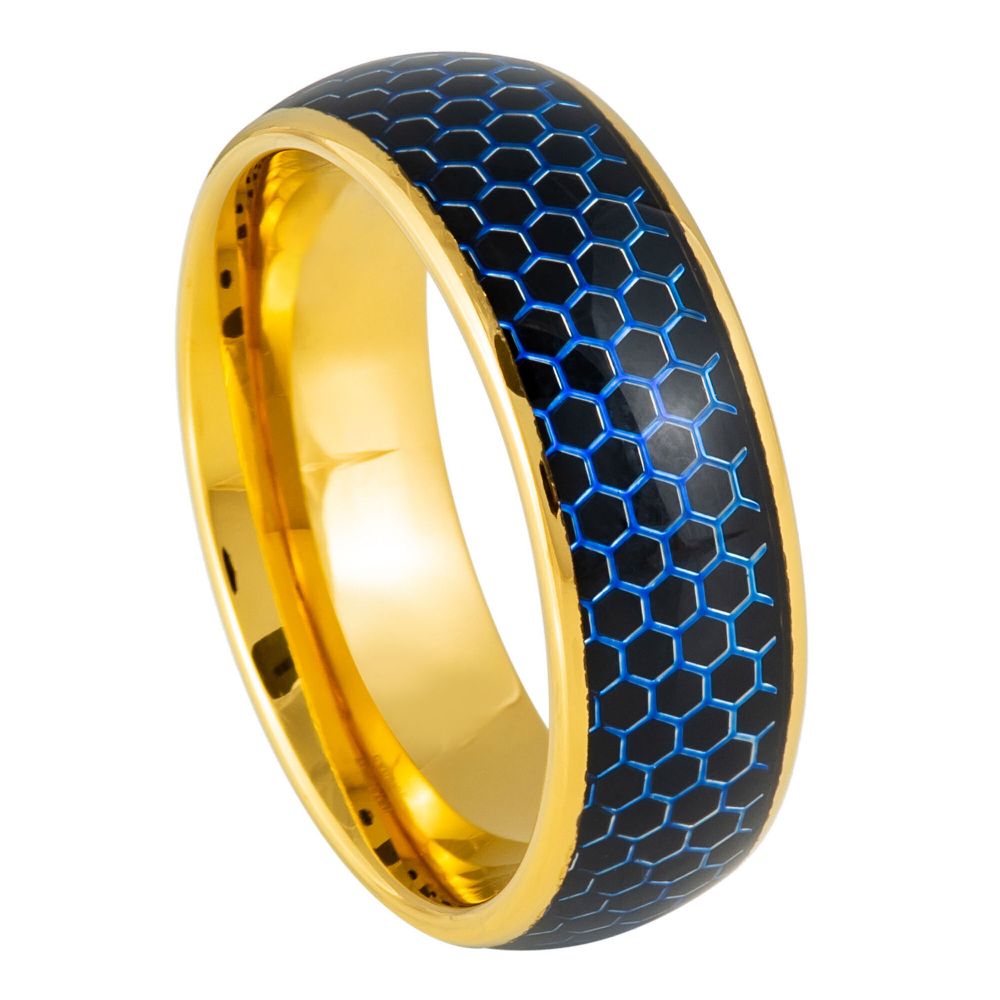 Men's Domed Yellow Gold IP Plated Blue Honeycomb Cutout 8mm Tungsten Ring