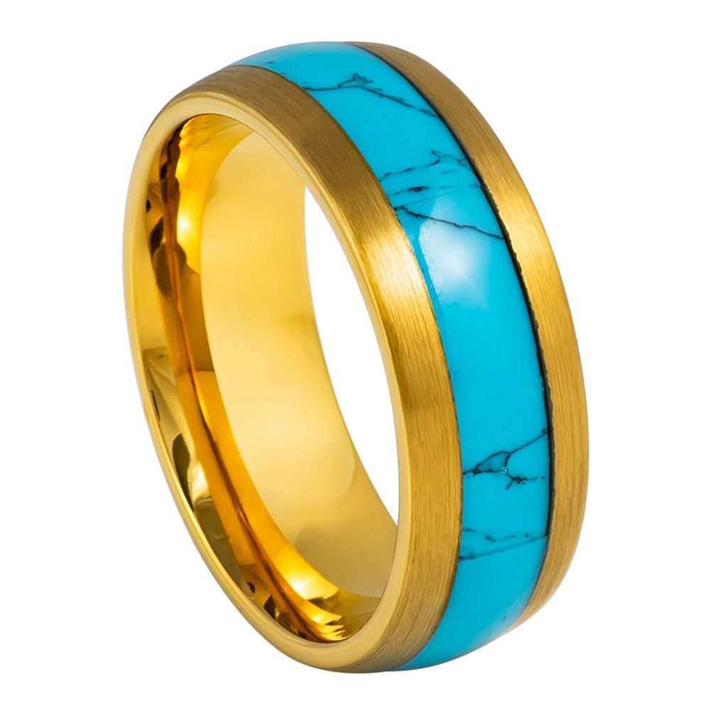 Men's Domed Yellow Gold Plated Blue Turquoise Inlay 8mm Tungsten Ring