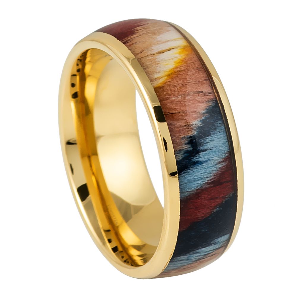 Men's Yellow IP Colorful Dyed Rosewood Inlay 8mm Tungsten Ring