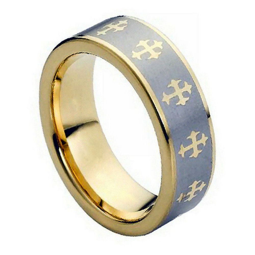 Men's Yellow Tone Gold IP Plated Laser Engraved Crosses Design 8mm Tungsten Ring