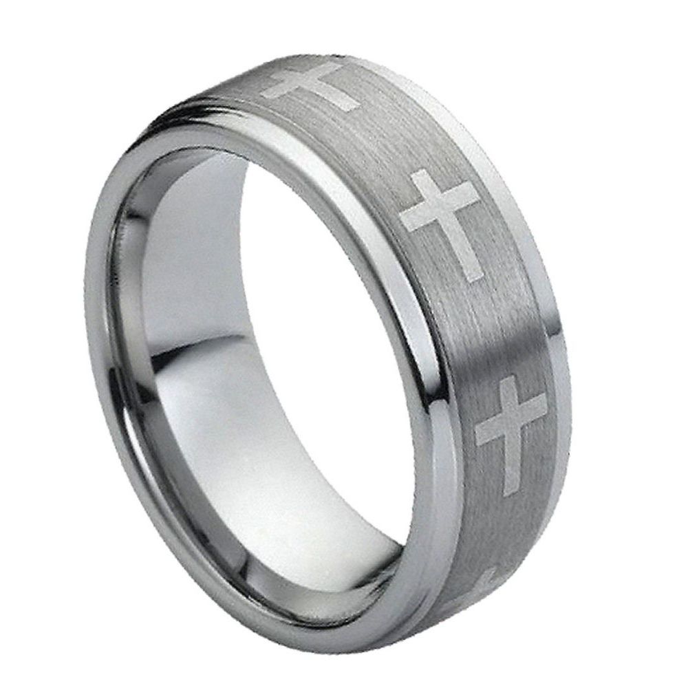 Men's Flat Laser Engraved Crosses On Brushed Center 9mm Tungsten Ring