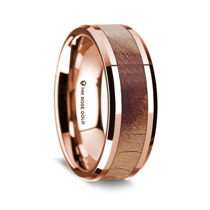 14K Rose Gold Polished Beveled Edges Men's Wedding Band with Olive Wood Inlay - 8 mm - Zayjewelers