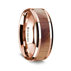 14K Rose Gold Polished Beveled Edges Men's Wedding Band with Olive Wood Inlay - 8 mm - Zayjewelers