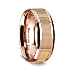 14K Rose Gold Polished Beveled Edges Wedding Ring with Ash Wood Inlay - 8 mm Rings - Zayjewelers