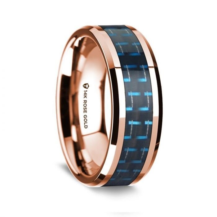 14k Rose Gold Polished Beveled Edges Wedding Ring with Black and Blue Carbon Fiber Inlay - 8 mm Rings - Zayjewelers