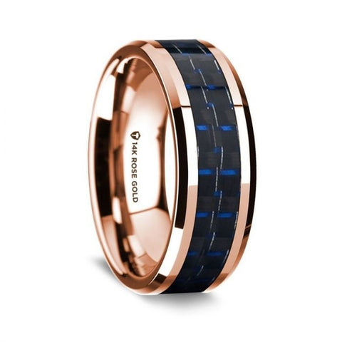 14K Rose Gold Polished Beveled Edges Wedding Ring with Black and Dark Blue Carbon Fiber Inlay - 8 mm Rings - Zayjewelers