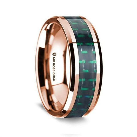 14k Rose Gold Polished Beveled Edges Wedding Ring with Black and Green Carbon Fiber Inlay - 8 mm Rings - Zayjewelers