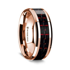 14K Rose Gold Polished Beveled Edges Wedding Ring with Black and Red Carbon Fiber Inlay - 8 mm Rings - Zayjewelers