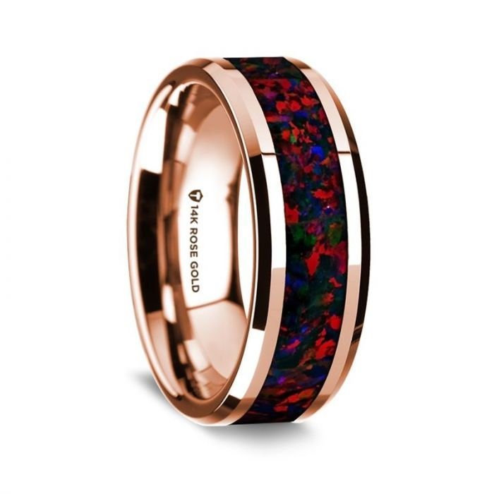 14K Rose Gold Polished Beveled Edges Wedding Ring with Black and Red Opal Inlay - 8 mm Rings - Zayjewelers