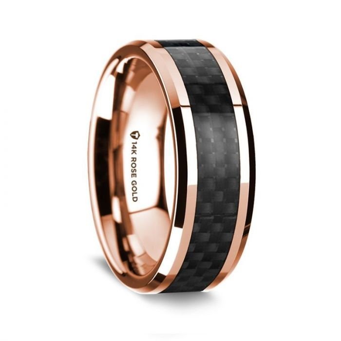 14k Rose Gold Polished Beveled Edges Wedding Ring with Black Carbon Fiber Inlay - 8 mm Rings - Zayjewelers