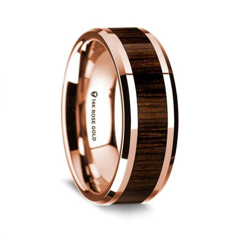 14k Rose Gold Polished Beveled Edges Wedding Ring with Black Walnut Inlay - 8 mm Rings, Wedding, Engagement and Ring - Zayjewelers