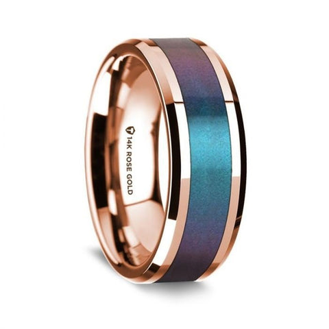 14k Rose Gold Polished Beveled Edges Wedding Ring with Blue and Purple Color Changing Inlay - 8 mm Rings - Zayjewelers