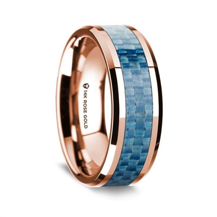 14k Rose Gold Polished Beveled Edges Wedding Ring with Blue Carbon Fiber Inlay - 8 mm Rings - Zayjewelers