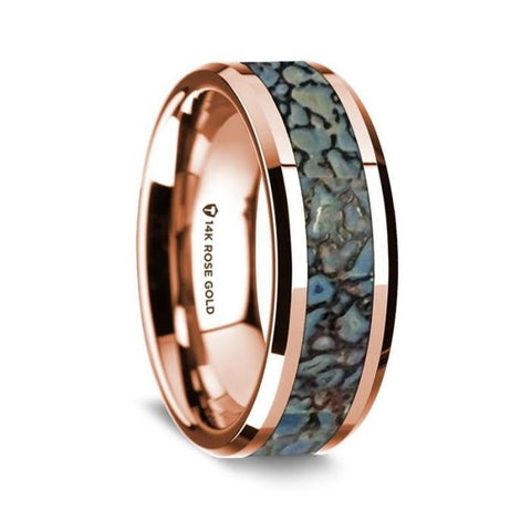 14K Rose Gold Polished Beveled Edges Wedding Ring with Blue Dinosaur Inlay - 8 mm Rings, Wedding and Promise Rings. - Zayjewelers