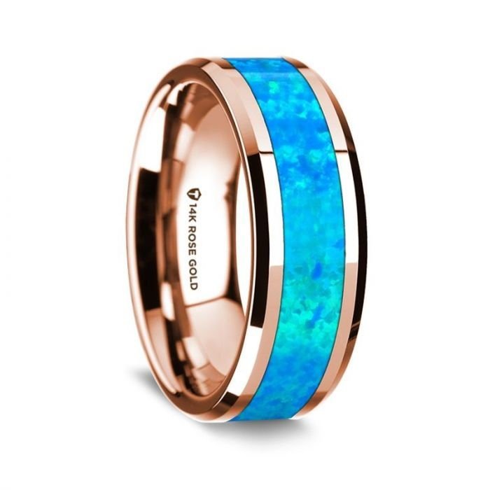 14K Rose Gold Polished Beveled Edges Wedding Ring with Blue Opal Inlay - 8 mm - Zayjewelers