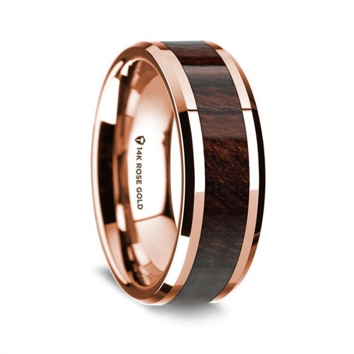 14K Rose Gold Polished Beveled Edges Wedding Ring with Bubinga Wood Inlay - 8 mm Rings, Wedding, Engagement and Ring - Zayjewelers