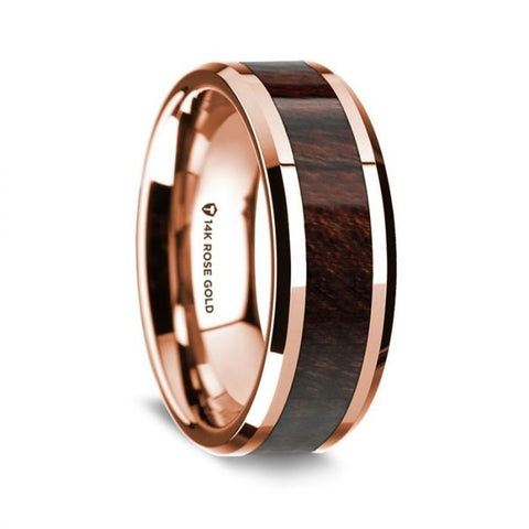 14K Rose Gold Polished Beveled Edges Wedding Ring with Bubinga Wood Inlay - 8 mm Rings, Wedding, Engagement and Ring - Zayjewelers