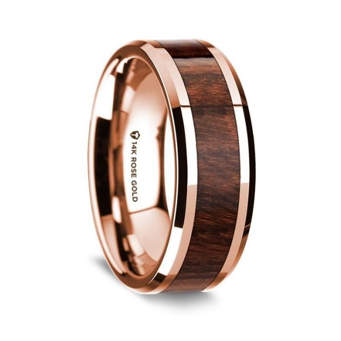 14K Rose Gold Polished Beveled Edges Wedding Ring with Carpathian Inlay - 8 mm Rings, Wedding, Engagement and Ring - Zayjewelers