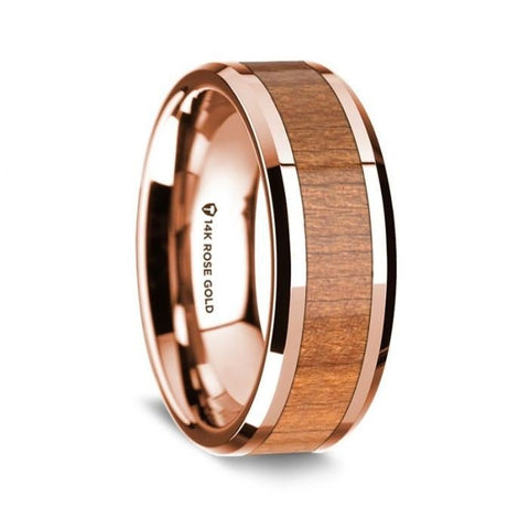 14K Rose Gold Polished Beveled Edges Wedding Ring with Cherry Wood Inlay - 8 mm Rings - Zayjewelers