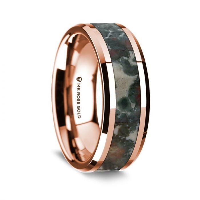 14K Rose Gold Polished Beveled Edges Wedding Ring with Coprolite Inlay - 8 mm Rings - Zayjewelers