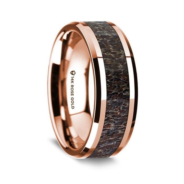 14K Rose Gold Polished Beveled Edges Wedding Ring with Dark Deer Antler Inlay - 8 mm Rings - Zayjewelers