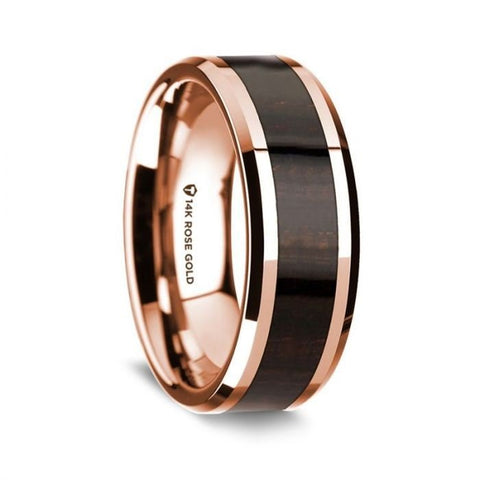 14K Rose Gold Polished Beveled Edges Wedding Ring with Ebony Wood Inlay - 8 mm Rings, Wedding, Engagement and Ring - Zayjewelers