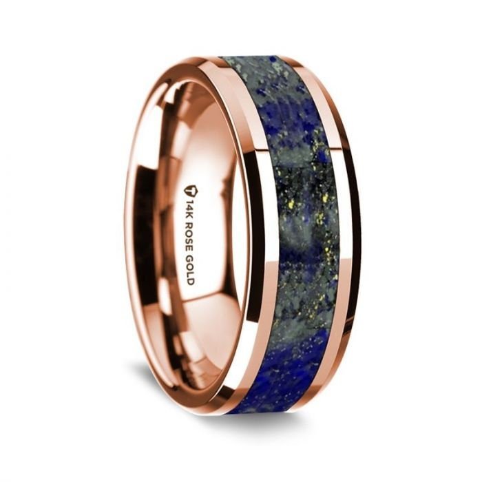 14k Rose Gold Polished Beveled Edges Wedding Ring with Lapis Inlay - 8 mm - Zayjewelers