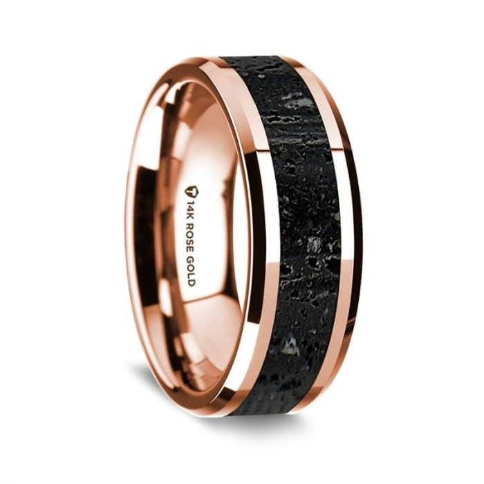 14K Rose Gold Polished Beveled Edges Wedding Ring with Lava Inlay - 8 mm Rings - Zayjewelers