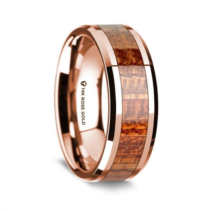 14K Rose Gold Polished Beveled Edges Wedding Ring with Mahogany Inlay - 8 mm Rings, Wedding, Engagement and Ring - Zayjewelers