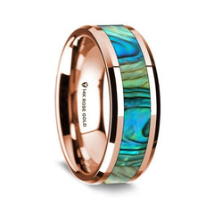 14K Rose Gold Polished Beveled Edges Wedding Ring with Mother of Pearl Inlay - 8 mm Rings - Zayjewelers