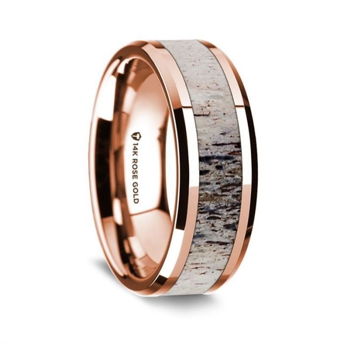 14K Rose Gold Polished Beveled Edges Wedding Ring with Ombre Deer Antler Inlay - 8 mm Rings - Zayjewelers