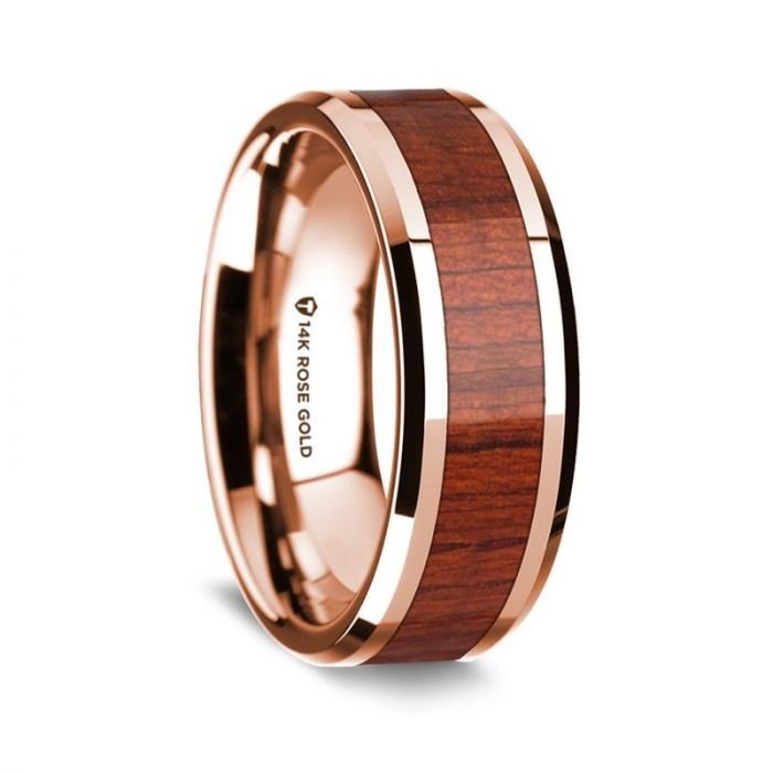 14K Rose Gold Polished Beveled Edges Wedding Ring with Padauk Inlay - 8 mm Rings, Wedding, Engagement and Ring - Zayjewelers