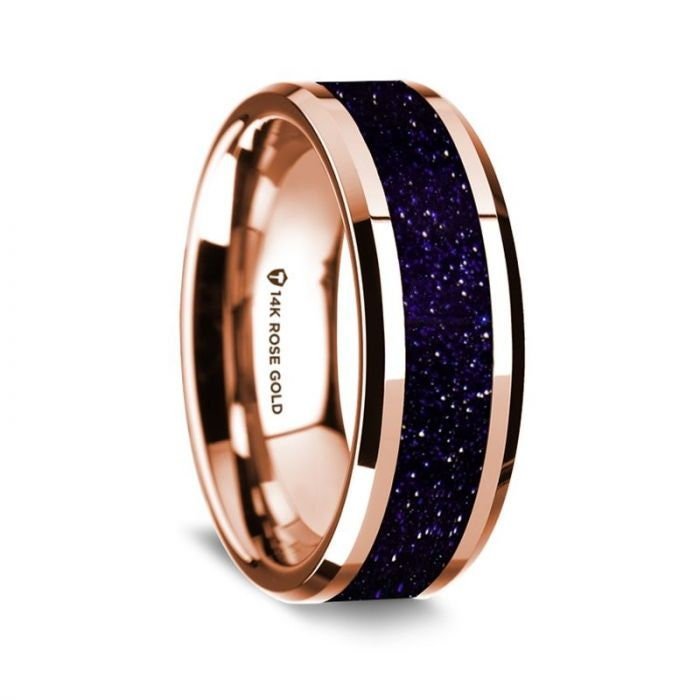 14K Rose Gold Polished Beveled Edges Wedding Ring with Purple Goldstone Inlay - 8 mm Rings - Zayjewelers