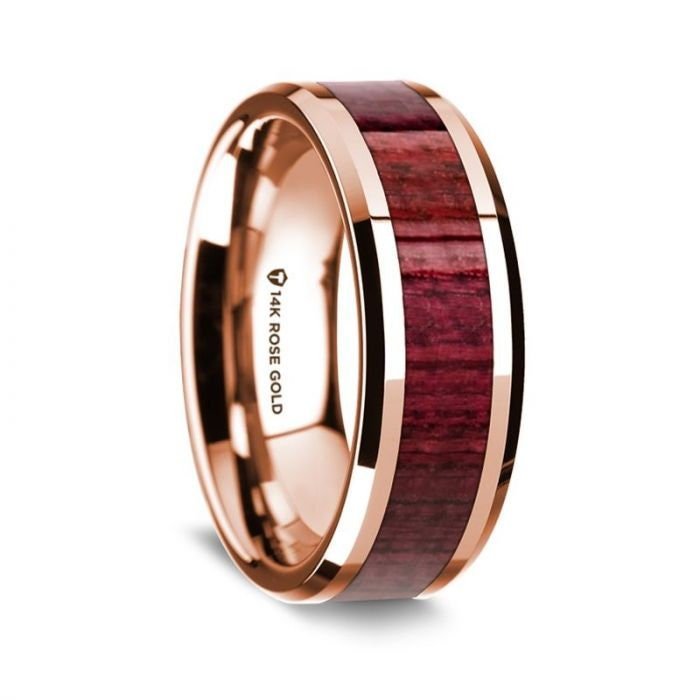 14K Rose Gold Polished Beveled Edges Wedding Ring with Purple Heart Wood Inlay - 8 mm Rings, Wedding, Engagement and Ring - Zayjewelers