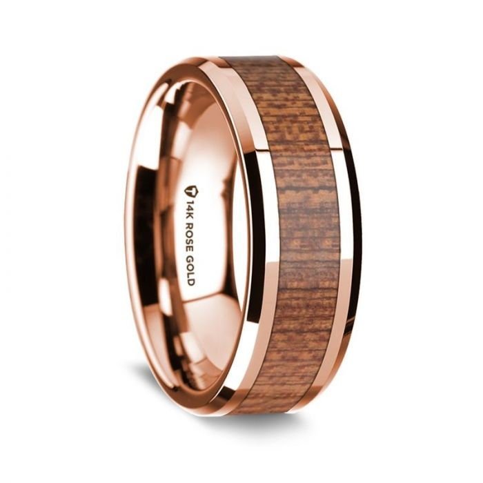 14K Rose Gold Polished Beveled Edges Wedding Ring with Sapele Inlay - 8 mm Rings, Wedding, Engagement and Ring - Zayjewelers