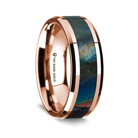 14K Rose Gold Polished Beveled Edges Wedding Ring with Spectrolite Inlay - 8 mm Rings - Zayjewelers