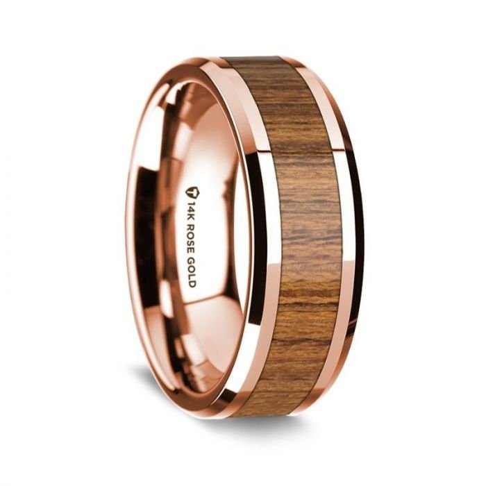 14K Rose Gold Polished Beveled Edges Wedding Ring with Teakwood Inlay - 8 mm Rings, Wedding, Engagement and Ring - Zayjewelers