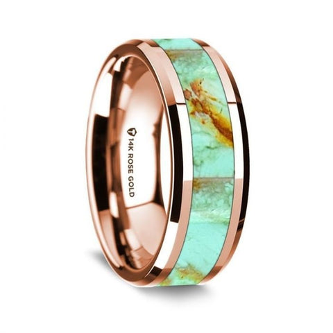 14K Rose Gold Polished Beveled Edges Wedding Ring with Turquoise Inlay - 8 mm Rings, Wedding, Engagement and Ring - Zayjewelers