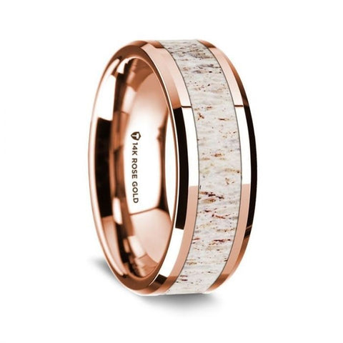 14K Rose Gold Polished Beveled Edges Wedding Ring with White Deer Antler Inlay - 8 mm Rings - Zayjewelers